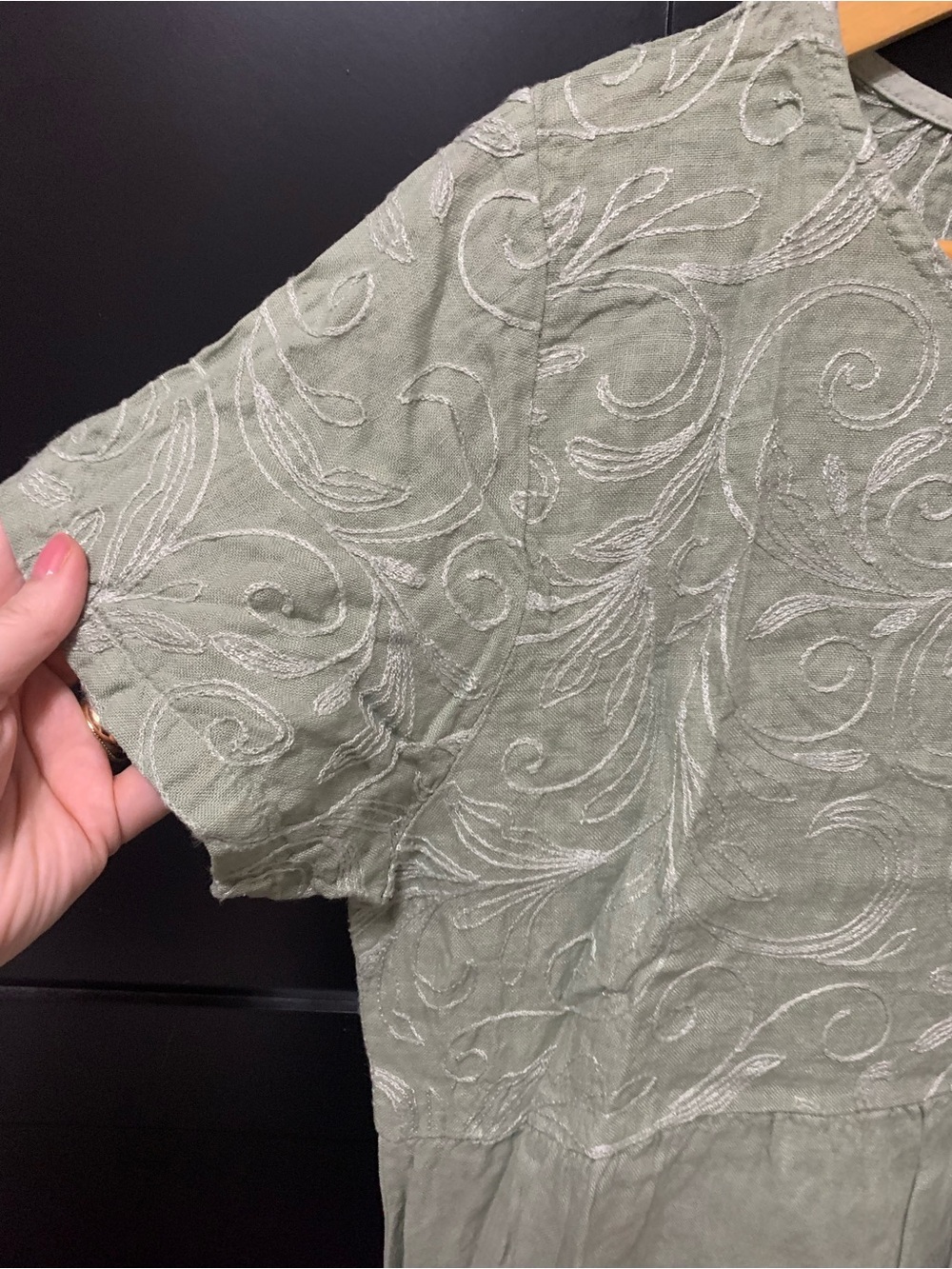 Terzo Millennio 100% linen Embroidered Midi Dress Sage Green Medium Cottagecore - Picture 2 of 5